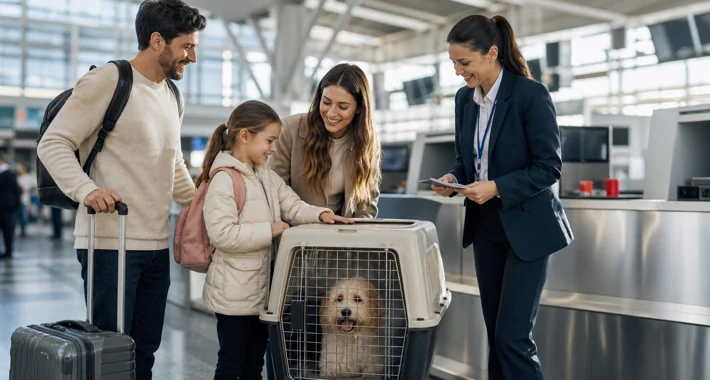 Mascota en un transportador dentro de un aeropuerto
